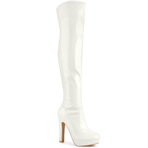 BLISSFUL STEP Women's Patent Leather Chunky Heel Platform Over Knee Prom High Boots White 7.5