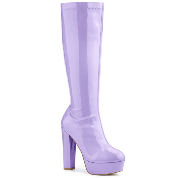 BLISSFUL STEP Women's Patent Leather Platform Chunky Heel Knee High Boots Purple 7