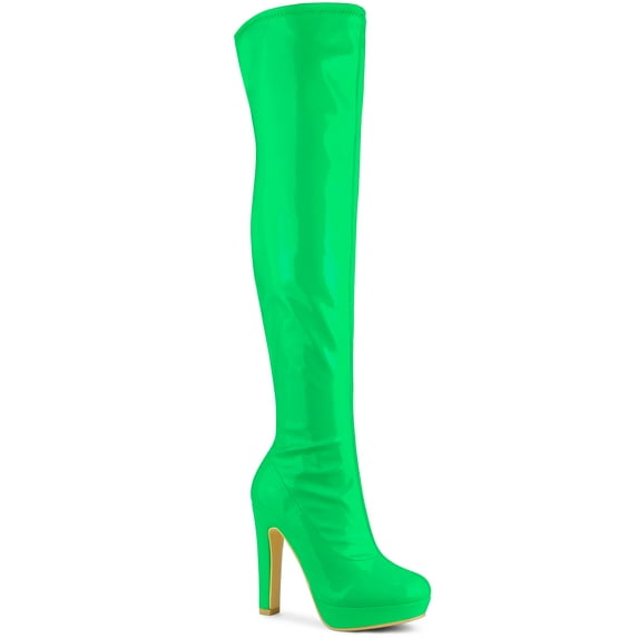 BLISSFUL STEP Women's Patent Leather Chunky Heel Platform Over Knee Prom High Boots Green 9
