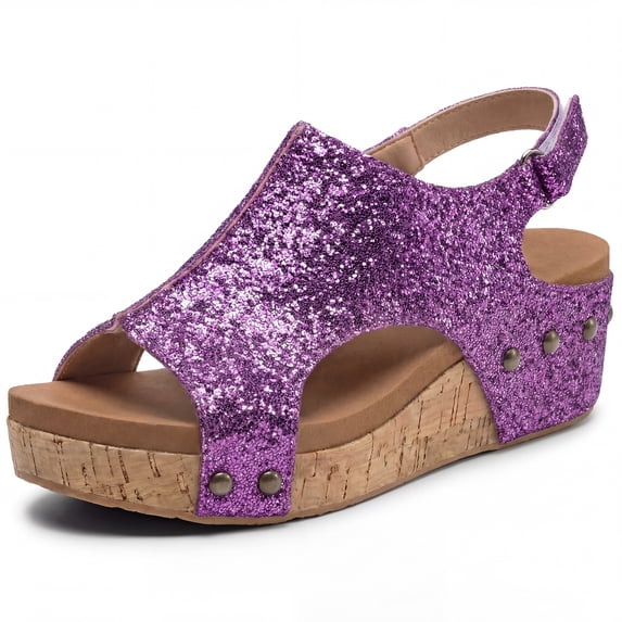 BLISSFUL STEP Women's Peep-toe Glitter Hollow Out Platform Adjustable Buckle Strap Sandals Purple 7