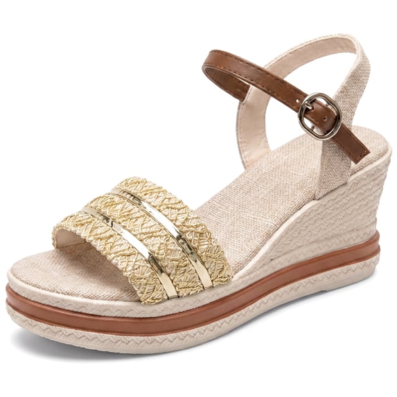 BLISSFUL STEP Women's Plaid Buckle Platform Peep-toe Sandals Beige 5
