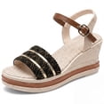 thumbnail image 1 of BLISSFUL STEP Women's Plaid Buckle Platform Peep-toe Sandals Black 7, 1 of 5