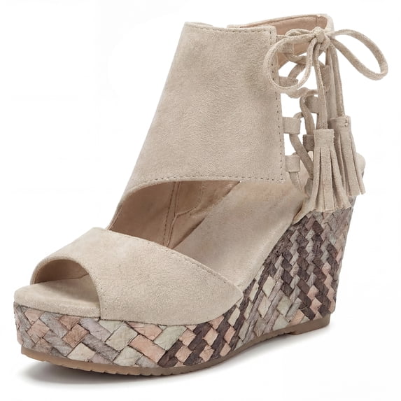 BLISSFUL STEP Women's Plaid Side Zipper Lace-Up Peep-toe Platform Sandals Beige 5