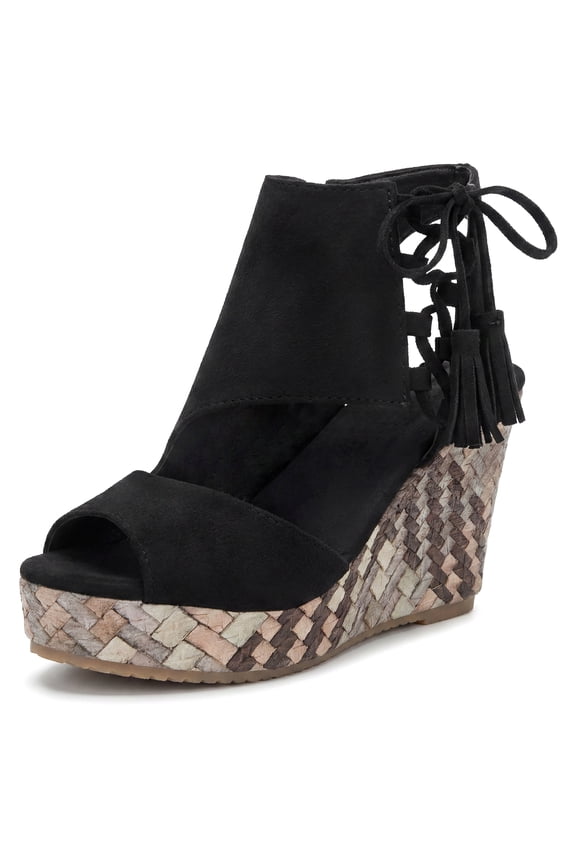 Women's Plaid Side Zipper Lace-Up Peep-toe Platform Sandals Black 9