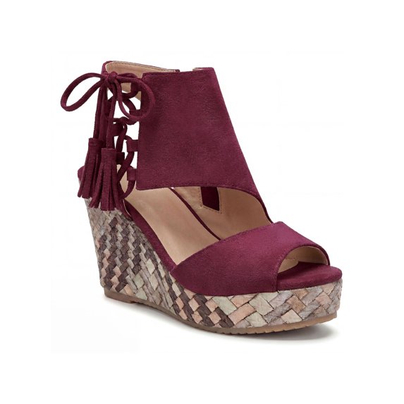 BLISSFUL STEP Women's Plaid Side Zipper Lace-Up Peep-toe Platform Sandals Burgundy 10