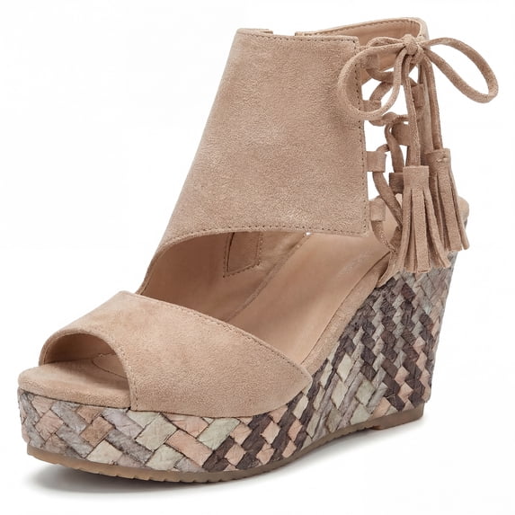 BLISSFUL STEP Women's Plaid Side Zipper Lace-Up Peep-toe Platform Sandals Khaki 5