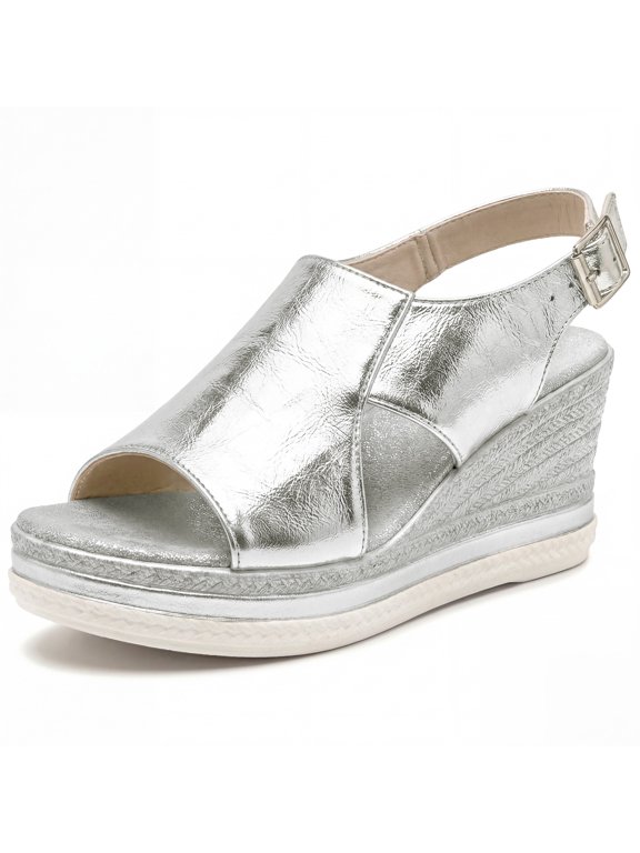 Women's Plaid Solid Color Hollow-out Buckle Platform Peep-toe Sandals Silver 5