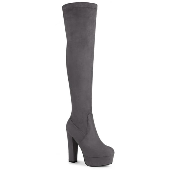 BLISSFUL STEP Women's Boot Platform Block Heel Over Knee Boots Gray 7.5