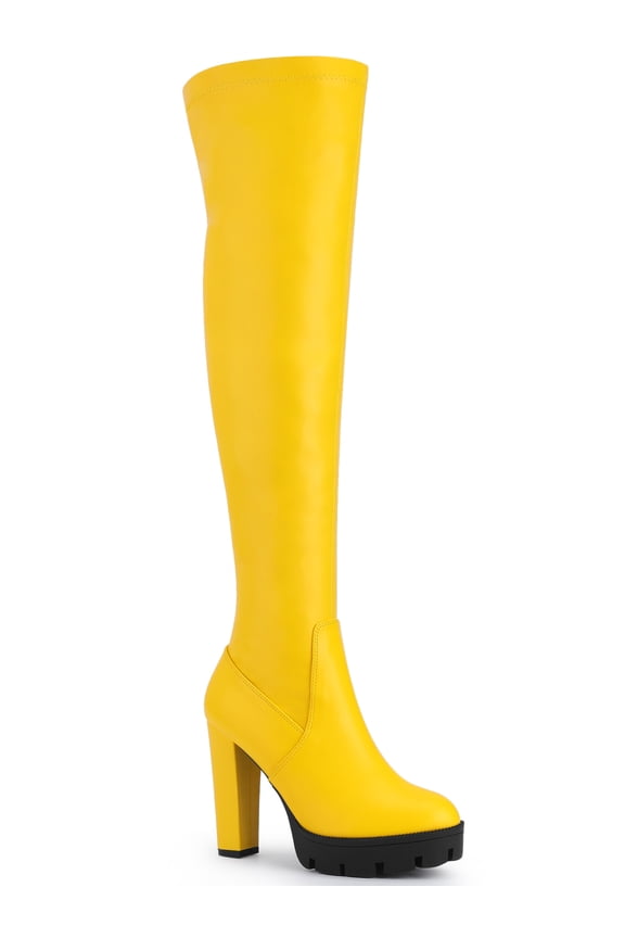 Women's Boots Platform Block High Heels Over Knee Side Zips Boots Yellow 6.5