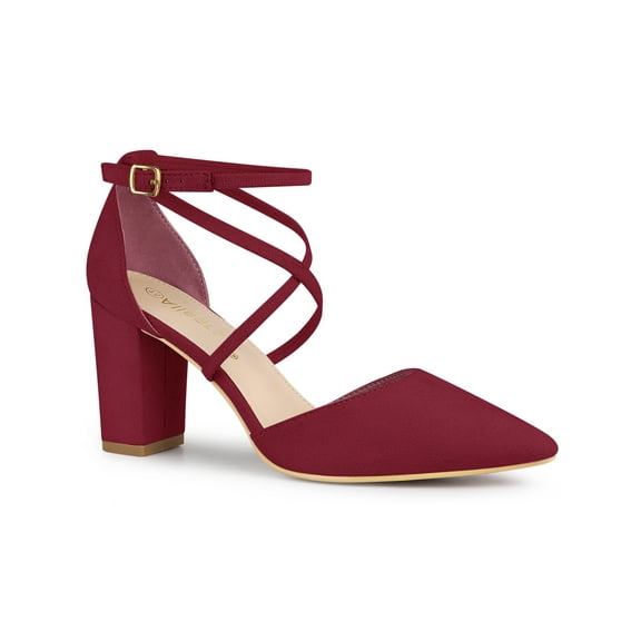 BLISSFUL STEP Women's Pointed Toe Cross Strap Block Heels Pumps Burgundy 7