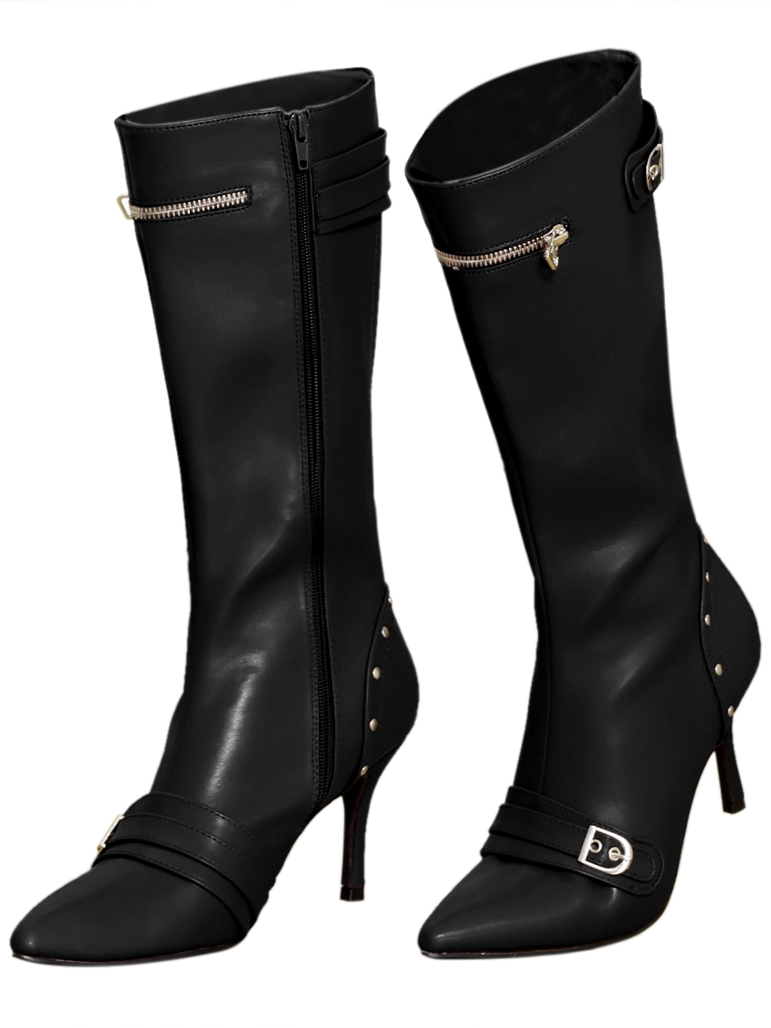 BLISSFUL STEP Women's Pointed Toe Rivets Stiletto High Heel Knee High ...