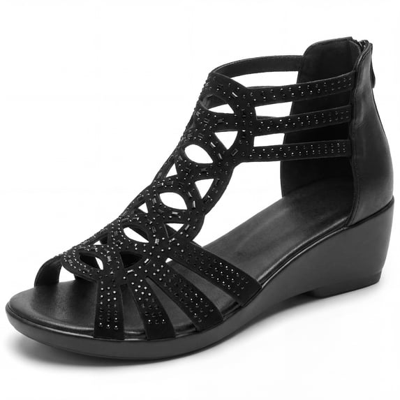 BLISSFUL STEP Women's Rhinestone Hollow Out Back Zipper Platform Peep-toe Sandals Black 6