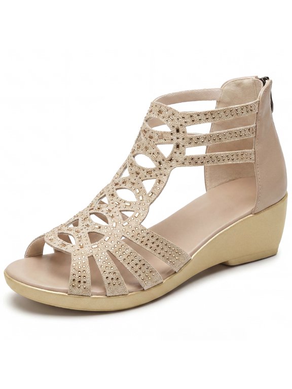 Women's Rhinestone Hollow Out Back Zipper Platform Peep-toe Sandals Ligth Brown 5