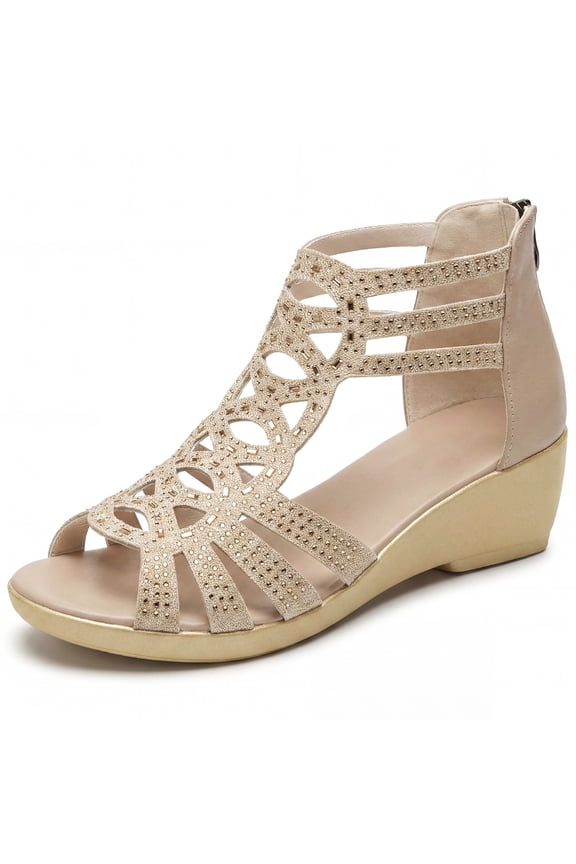 Women's Rhinestone Hollow Out Back Zipper Platform Peep-toe Sandals Ligth Brown 5