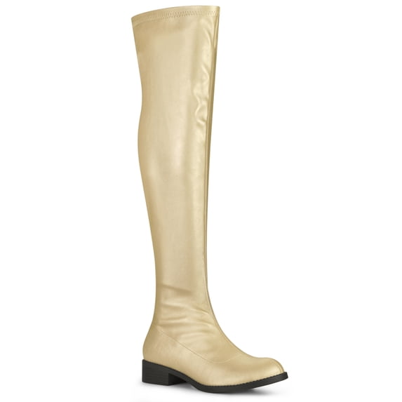 BLISSFUL STEP Women's Round Toe Block Heel Over Knee High Boots Gold 10