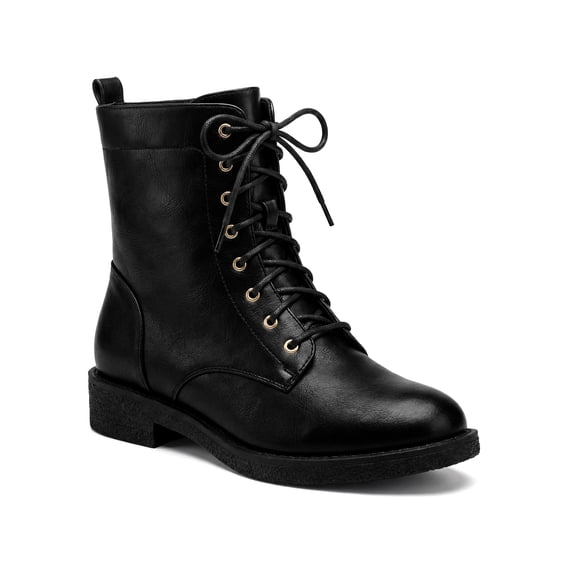 BLISSFUL STEP Women's Round Toe Lace Up Flat Heels Ankle Combat Boots Black 10