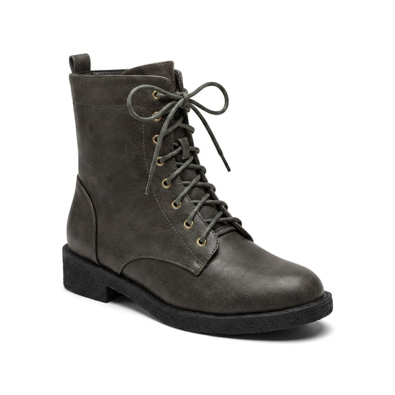 BLISSFUL STEP Women's Round Toe Lace Up Flat Heels Ankle Combat Boots Gray 6