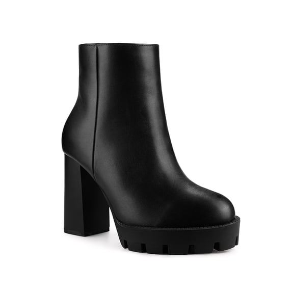 BLISSFUL STEP Women's Round Toe Side Zip Block Heels Ankle Boots Black (Size 7)