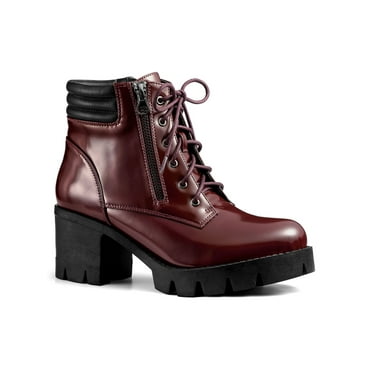 BLISSFUL STEP Women's Rounded Toe Side Zip Combat Block Heel Ankle Boots Burgundy 6
