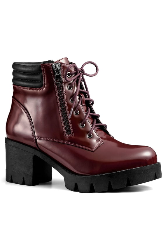 Women's Boot Rounded Toe Side Zip Combat Block Heel Ankle Boots Burgundy 7