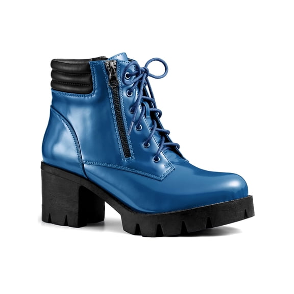 BLISSFUL STEP Women's Rounded Toe Side Zip Combat Block Heel Ankle Boots Dark Blue 10