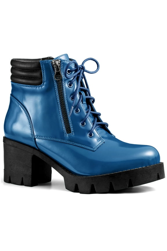 Women's Rounded Toe Side Zip Combat Block Heel Ankle Boots Dark Blue 9.5