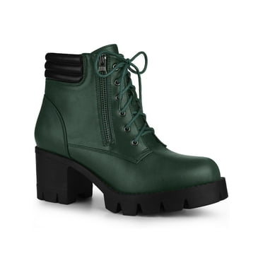 BLISSFUL STEP Women's Boot Rounded Toe Side Zip Combat Block Heel Ankle Boots Dark Green 8