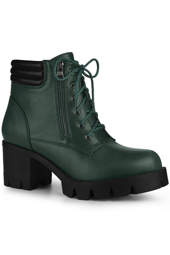 Women's Boot Rounded Toe Side Zip Combat Block Heel Ankle Boots Dark Green 8