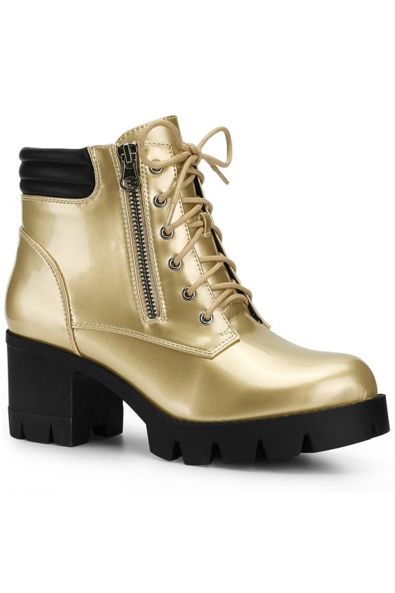 Valentine's Women's Boot Rounded Toe Side Zip Combat Block Heel Ankle Boots Gold 6
