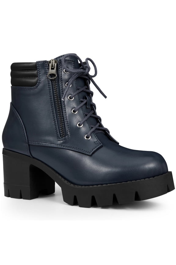 Women's Boot Rounded Toe Side Zip Combat Block Heel Ankle Boots Navy Blue 8.5