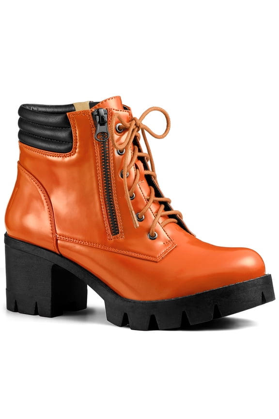 Women's Boot Rounded Toe Side Zip Combat Block Heel Ankle Boots Orange 6