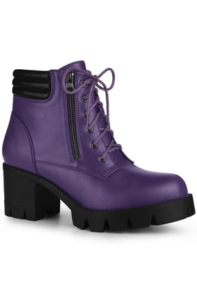 Women's Boot Rounded Toe Side Zip Combat Block Heel Ankle Boots Purple 7