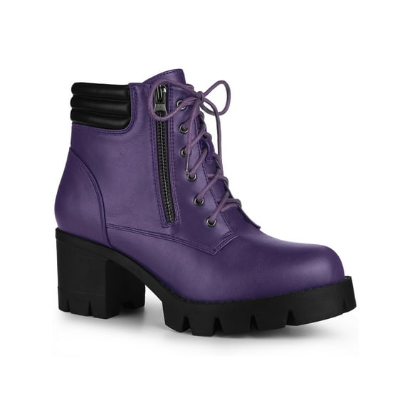 BLISSFUL STEP Women's Boot Rounded Toe Side Zip Combat Block Heel Ankle Boots Purple 7