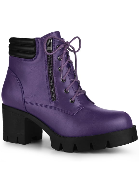 Halloween Women's Rounded Toe Side Zip Combat Block Heel Ankle Boots Purple 8