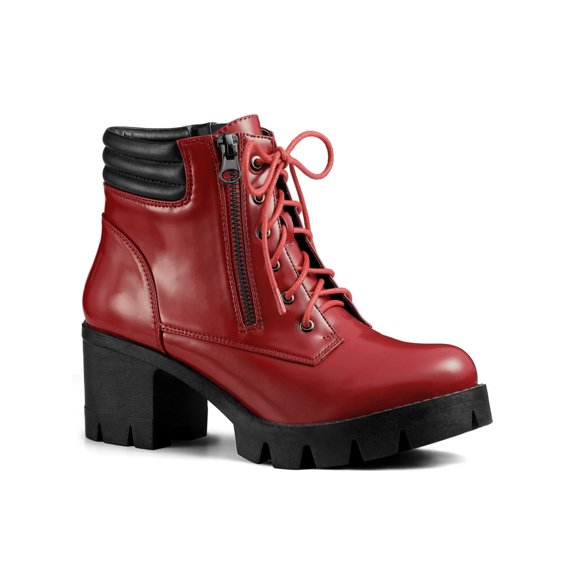 BLISSFUL STEP Valentine's Women's Boot Rounded Toe Side Zip Combat Block Heel Ankle Boots Red 6
