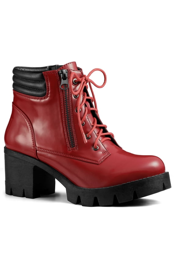 Women's Boot Rounded Toe Side Zip Combat Block Heel Ankle Boots Red 9.5