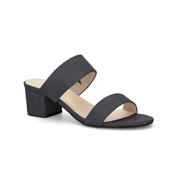 BLISSFUL STEP Women's Shoes Dual Straps Mid Chunky Heel Slide Sandals Grey 6
