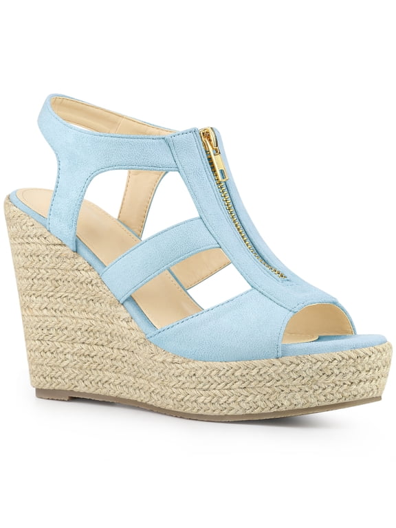 Halloween Women's Shoes Faux Suede Platform Wedge Espadrilles Slingback Open Toe Front Zipper Sandals Light Blue 8.5