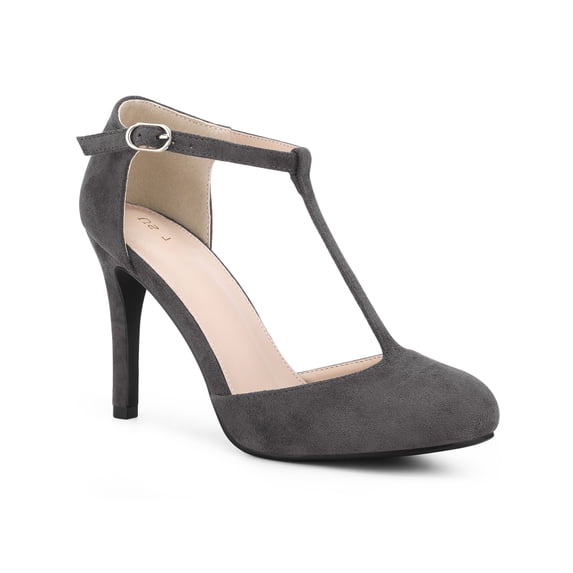 BLISSFUL STEP Women's Shoes Round Toe Stiletto Heel T-Strap Sandals Gray 8