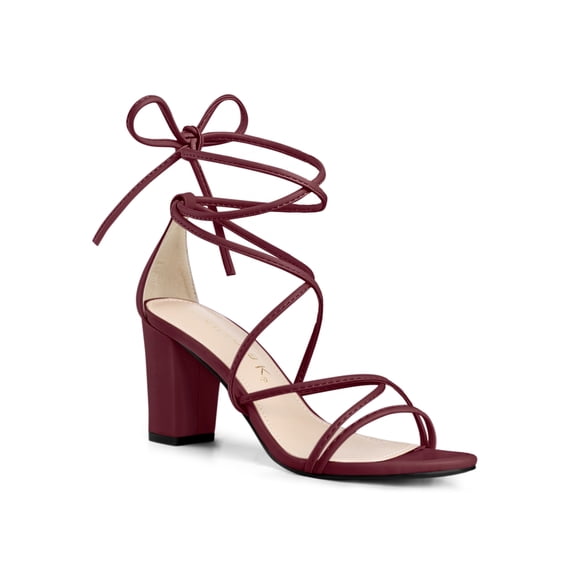 BLISSFUL STEP Women's Shoes Open Toe Lace Up Block Heel Strappy Heels Burgundy 7