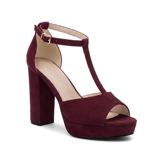 BLISSFUL STEP Women's Shoes Open Toe T-Strap Platform Chunky High Heel Sandals Burgundy 11