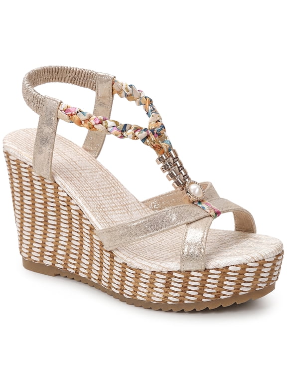 Women's Shoes Slingback Bohemia Rhinestone Open Toe Platform Heel Wedge Sandals Gold 6