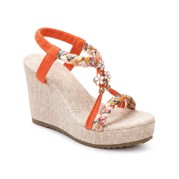 BLISSFUL STEP Women's Shoes Slingback Bohemia Rhinestone Open Toe Platform Heel Wedge Sandals Orange-2 9.5