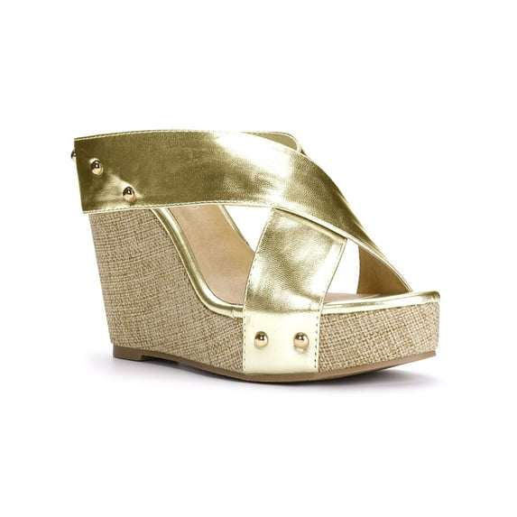 BLISSFUL STEP Women's Shoes Wedge Open Toe Crisscross Straps Linen Platform Sandals Gold Tone 8