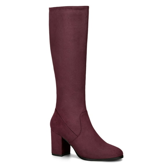 BLISSFUL STEP Women's Knee High Boots Side Zipper Faux Suede Block Chunky Heels Burgundy 7.5