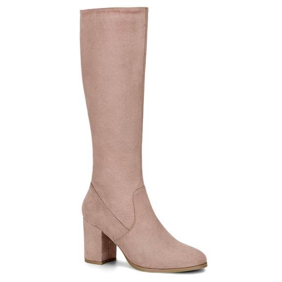 BLISSFUL STEP Women's Knee High Boots Side Zipper Faux Suede Block Chunky Heels Dust Pink 7.5