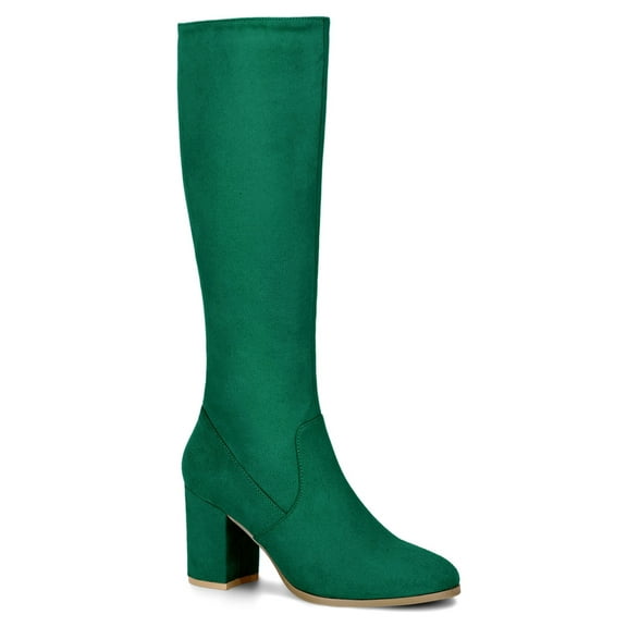 BLISSFUL STEP Women's Knee High Boots Side Zipper Faux Suede Block Chunky Heels Emerald Green 7.5