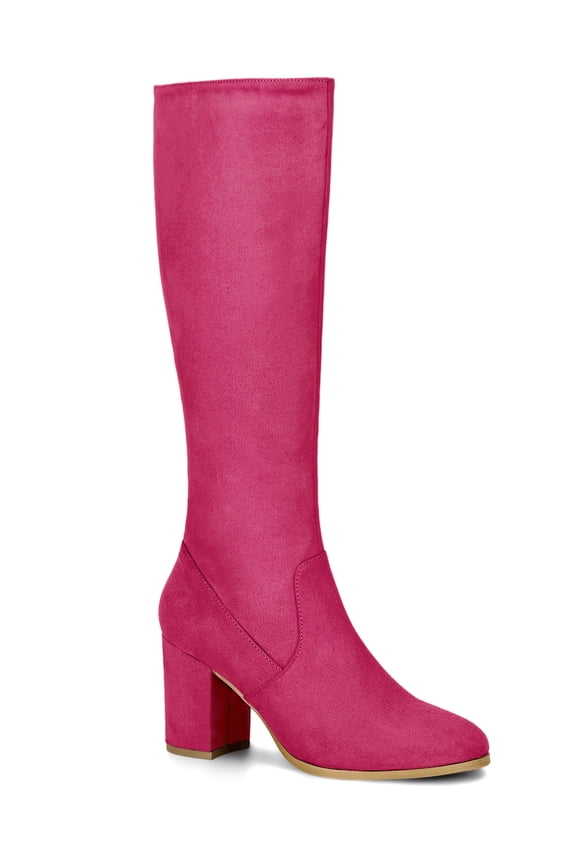 Valentine's Women's Knee High Boots Side Zipper Faux Suede Block Chunky Heels Hot Pink 7.5