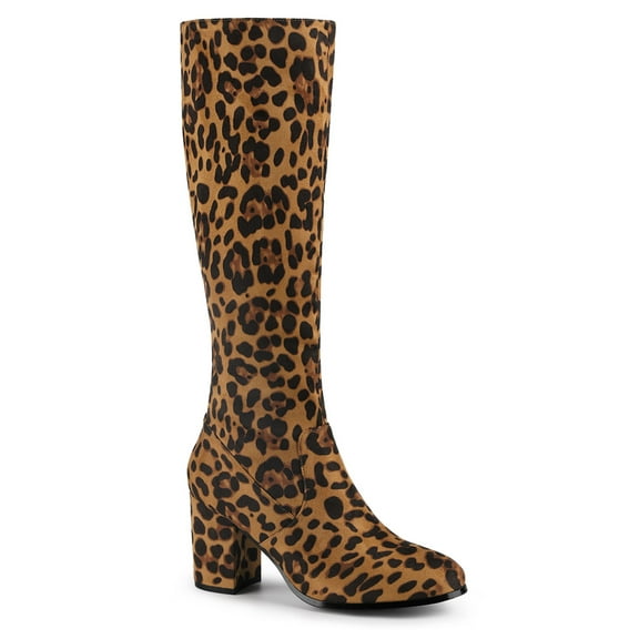 BLISSFUL STEP Women's Knee High Boots Side Zipper Faux Suede Block Chunky Heels Leopard 7.5