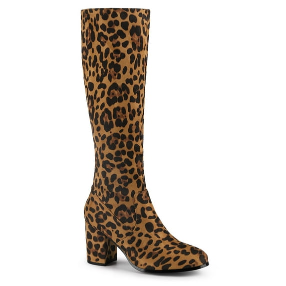 BLISSFUL STEP Women's Knee High Boots Side Zipper Faux Suede Block Chunky Heels Leopard 9
